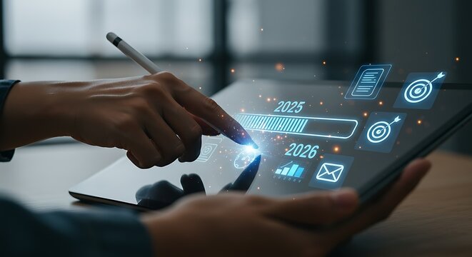 Person using a tablet with futuristic digital interface and progress bar - Powered by Adobe
