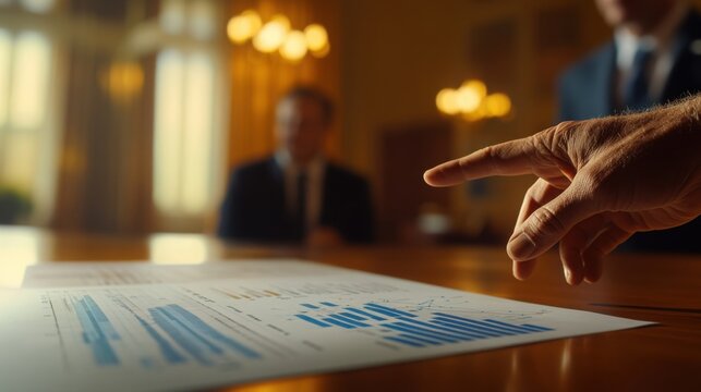 A close-up of a financial advisor's hand gesturing toward a printed economic report, where glowing 3D bar charts emerge from the page. The scene is warmly lit by soft golden office lighting, casting r