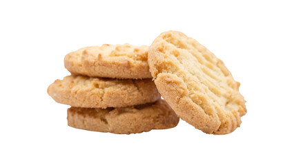Four Golden Cookies Stacked on a White Surface