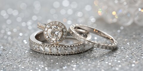 Elegant Diamond Wedding Ring Set on a Glittering Silver Background