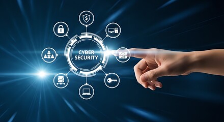 Securing digital landscapes with a finger touching a cyber security interface, highlighting data protection and network safety on a modern blue background.