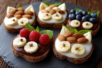 Five cute toasts styled as animals with toppings like bananas berries nuts and mint served on a black slate board