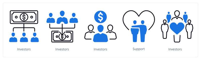 A set of 5 mix icons as investors, support, charity