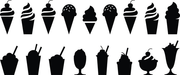 Ice cream silhouette collection, dessert cone illustration, sundae cup vector art, flat cad drawing, sweet food icon, black design elements