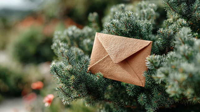 A natural brown envelope nestled among green pine tree branches creating a rustic and festive outdoor scene