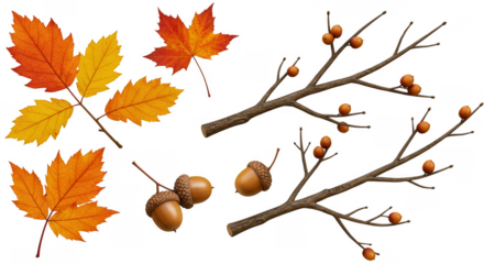 Illustration of Autumnal Maple Leaves Acorns and Tree Branches Isolated