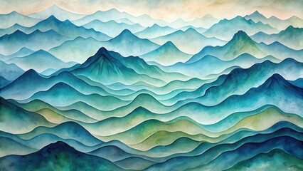 Obraz premium Serene Watercolor Landscape of Rolling Hills and Misty Peaks, Showing a Tranquil and Dreamlike Atmosphere of Undulating Terrain in Shades of Blue and Green