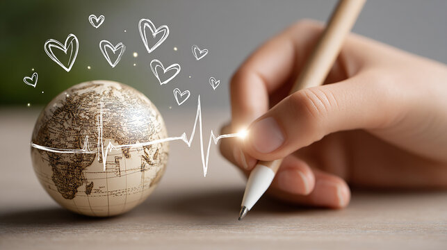 A close-up of a hand drawing a heartbeat line with hearts connecting to a small Earth globe symbolizing global love and environmental care