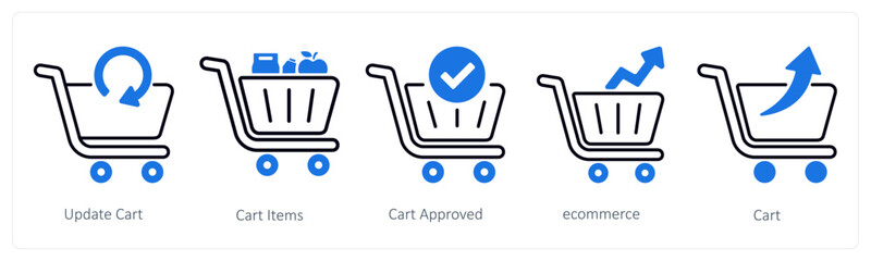 A set of 5 mix icons as update cart, cart items, cart approved © popcornarts