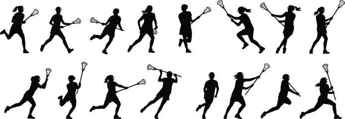 Lacrosse player silhouette vector, athletes in action, running, passing, catching, stick handling, sports movement poses, team game concept illustration