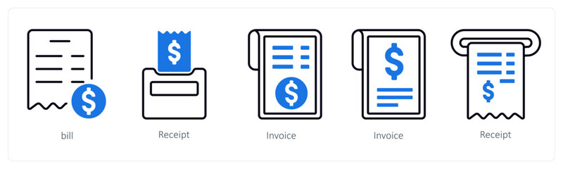 A set of 5 mix icons as bill, receipt, invoic
