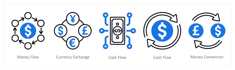 A set of 5 mix icons as money flow, currency exchange, cash flow