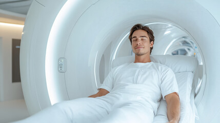 Futuristic MRI pod with relaxed patient, showcasing advanced technology and comfort