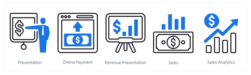 A set of 5 mix icons as presentation, online payment, revenue presentation
