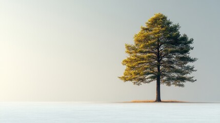 Solitary pine tree on a misty field at sunrise.