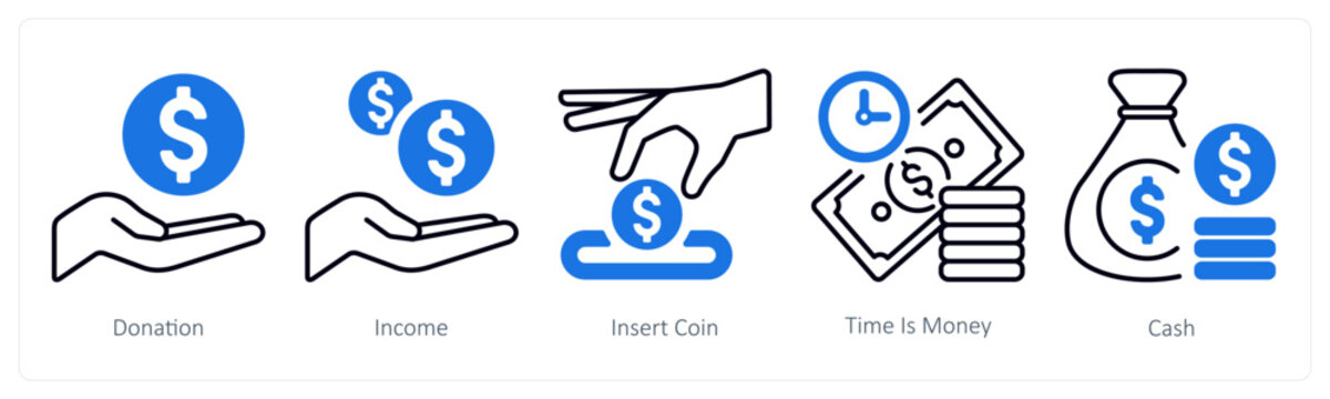 A set of 5 mix icons as donation, income, insert coin
