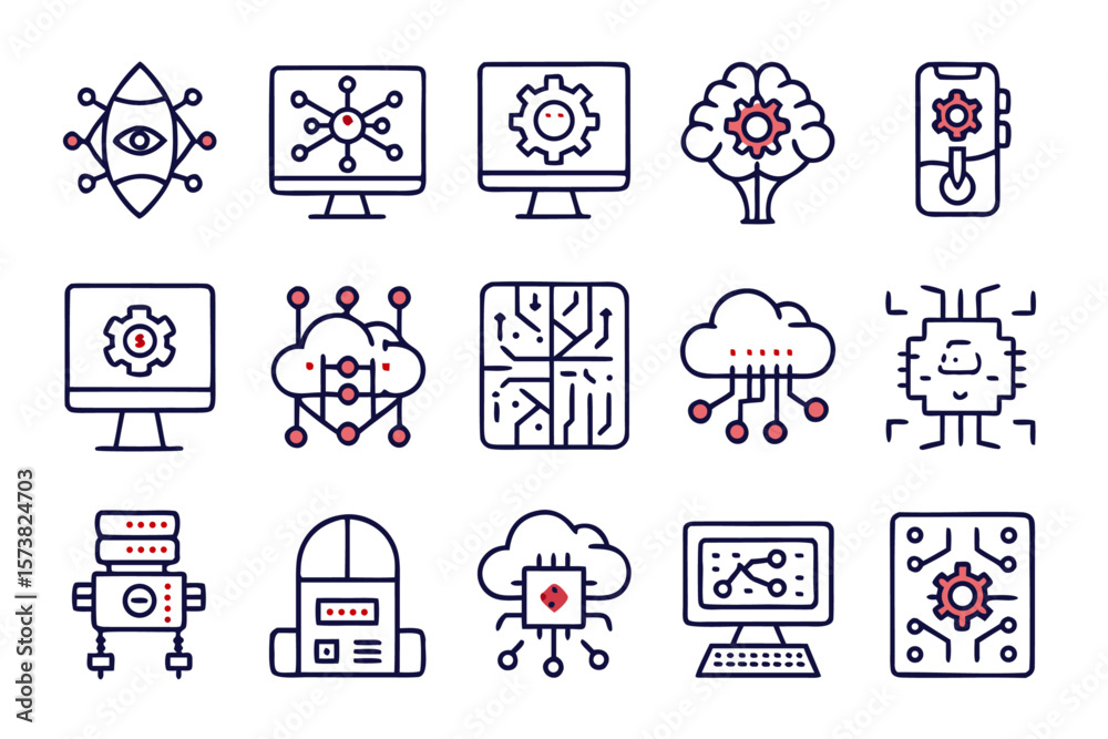 Poster comprehensive collection of modern line art symbols representing artificial intelligence concepts an
