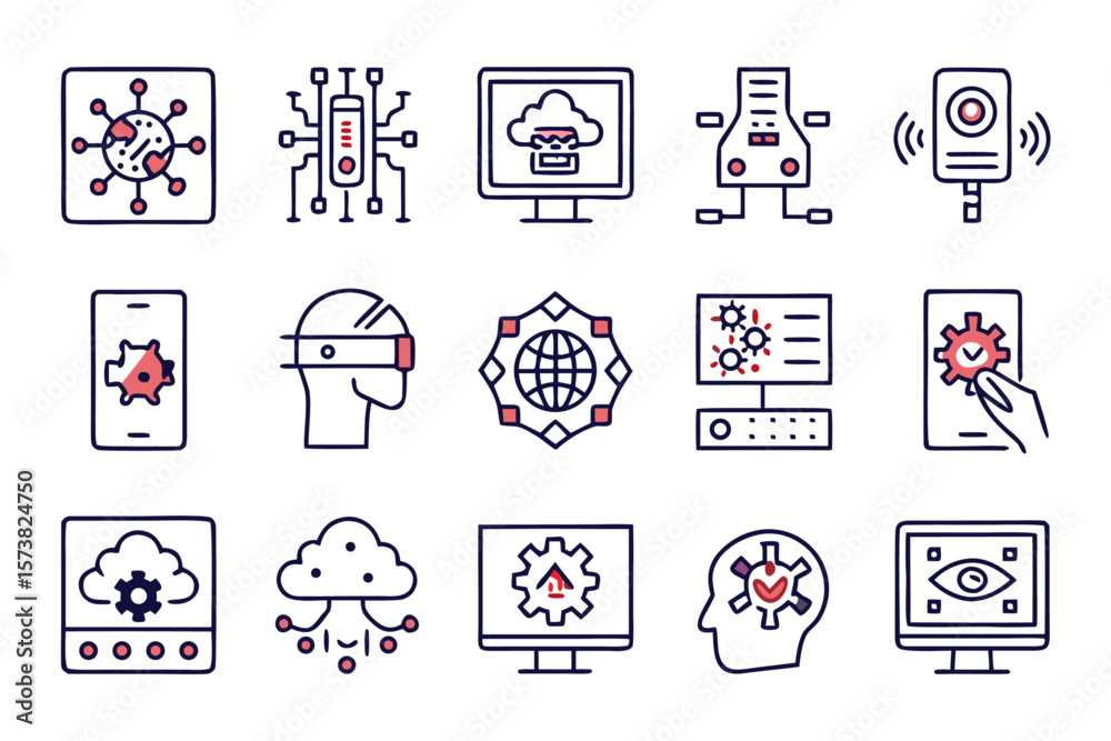 Poster collection of modern linear graphic elements representing artificial intelligence concepts for digit