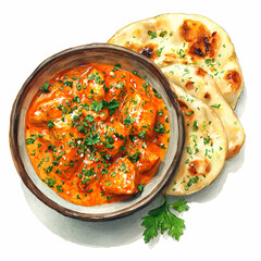 Delectable Butter Chicken: A vibrant and appetizing image features the iconic Butter Chicken, a culinary masterpiece, paired with warm, soft naan bread.