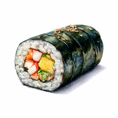 Kimbap Roll Illustration: A visually appealing watercolor illustration of a single kimbap roll, showcasing the intricate layers of rice, seaweed, and filling.