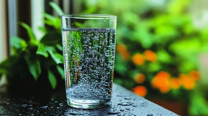 glass of clear water on green background

