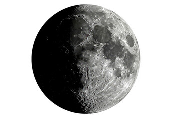 A stunning closeup photo of a halflit moon isolated on transparent background