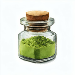 Matcha Powder in Glass Jar: Vibrant green matcha powder sits in a clear glass jar with a cork stopper.  The image evokes serenity and the ritual of tea preparation.
