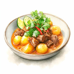Exquisite Culinary Composition: A vibrantly depicted dish showcases tender beef, complemented by golden potatoes, a zest of lime, fresh cilantro, and a touch of red chili.