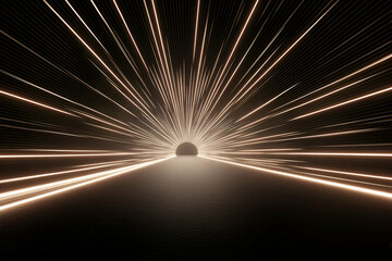 Illuminated Path: A mesmerizing, symmetrical path of light beams radiates outward from a central point, showcasing an interplay of light and shadow. The sleek.