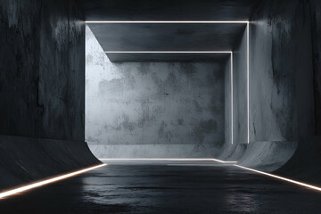 Illuminated Concrete Passage: A stark, futuristic interior perspective showcases a concrete tunnel aglow with linear light, leading the viewer into a modern, architectural space.