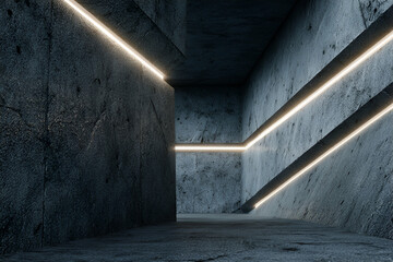 Geometric Glow: An architectural marvel, clean lines intersect with a symphony of concrete and luminous strip lights. a harmonious fusion of design.