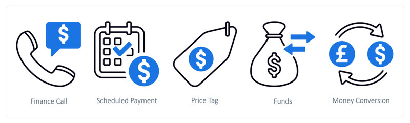 A set of 5 mix icons as finance call, scheduled payment, price tag