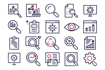 Comprehensive collection of professional audit and investigation symbols featuring magnifying glass and document elements in striking black and yellow for clear visual communication and data analysis