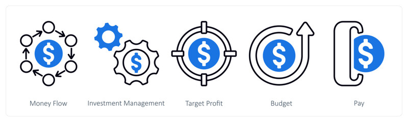A set of 5 mix icons as money flow, investment management, target profit