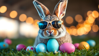 Cool Easter Bunny with Sunglasses and Colorful Eggs in a Field