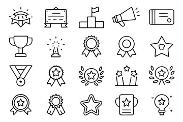 Minimalist award and achievement line symbols featuring a prominent trophy cup perfect for celebratory or recognition themed graphic design projects