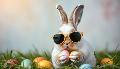Cool Easter Bunny Wearing Sunglasses Holding Colorful Eggs in Green Grass