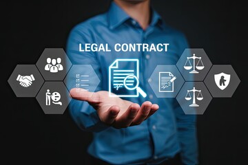 Man holding glowing legal contract icons representing agreement justice and protection in a business concept