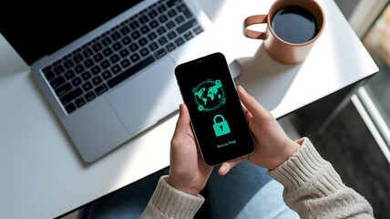 VPN concept with man using smartphone for secure internet connection and private browsing
