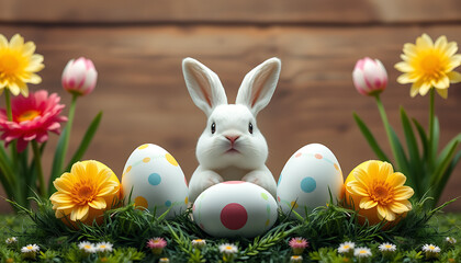 Adorable White Bunny with Easter Eggs and Flowers on Green Grass