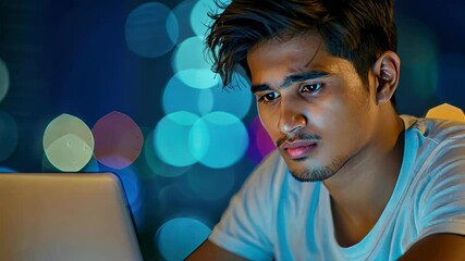 Concentrated young man using laptop at night: A young man is deeply engrossed in the screen of his laptop, bathed in the cool glow of a night scene, focused amidst a backdrop of soft.