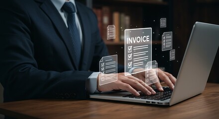 Businessman typing on laptop with digital invoice and documents floating