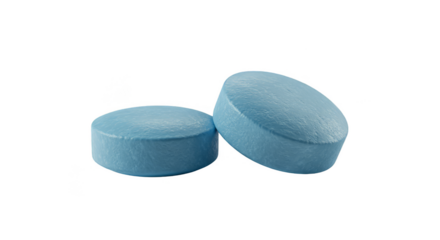 Isolated Closeup of Two Round Blue Pills for Medication and Remedy