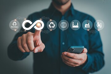 Man s hand touching a digital interface displaying the devops infinity symbol and icons representing business and technology concepts