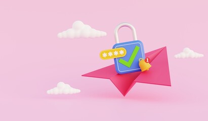 Concept of sending password to email to open personal data. 3d illustration.