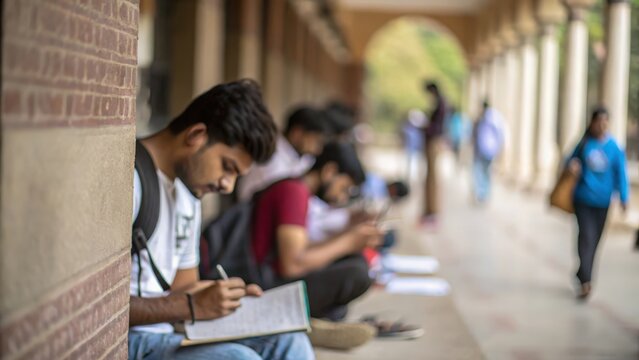 Indian classmates sharing notes and preparing for upcoming university seminar	
 - Powered by Adobe