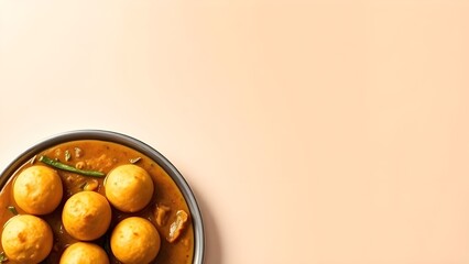 A plate of delicious indian curry with dumplings on a minimalist background