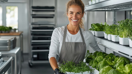 Happy woman holding trays of fresh herbs and greens in modern kitchen