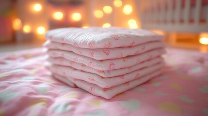 Stack of pink baby diapers on a pink bedsheet in a nursery with bokeh lights.