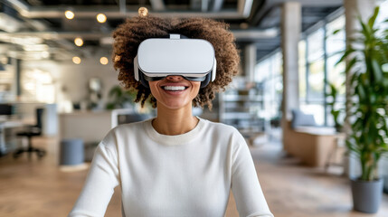 Young professional smiling while using virtual reality headset in modern office